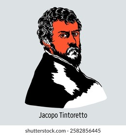 Jacopo Robusti, better known as Tintoretto, was a prominent painter of the Venetian school of the late Italian Renaissance and Mannerism. Hand-drawn vector illustration