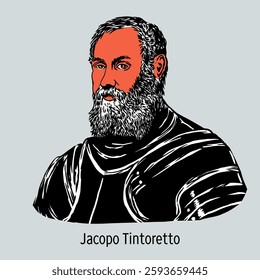 Jacopo Robusti, better known as Tintoretto, was a prominent painter of the Venetian school of the late Italian Renaissance and Mannerism. Hand-drawn vector illustration