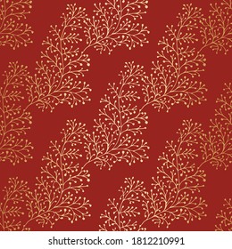 Jacquard effect wild meadow grass seamless vector pattern background. Gold and red metal foil effect backdrop of leaves, geometric damask design. Botanical baroque foliage repeat for festive products