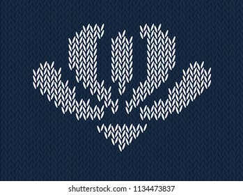 Jacquard knitted pattern with white flower on blue background. Seamless wool vector on theme of  Merry Christmas, Valentine's Day. Suitable for congratulations, romantic mood, wallpaper. Horizontal.
