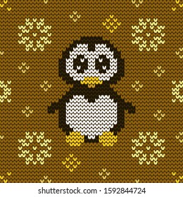 Jacquard knitted seamless pattern with cute penguin and snowflakes. Winter background with nature and animals. Scandinavian style. Vector illustration.