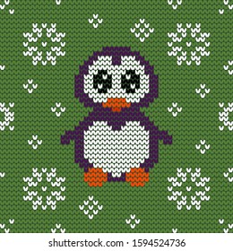 Jacquard knitted seamless pattern with cute penguin and snowflakes. Winter background with nature and animals. Scandinavian style. Vector illustration.
