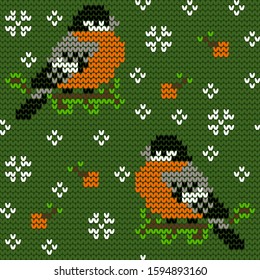 Jacquard knitted seamless pattern with cute bullfinchies, rowanberries and snowflakes. Winter background with nature and birds. Scandinavian style. Vector illustration.