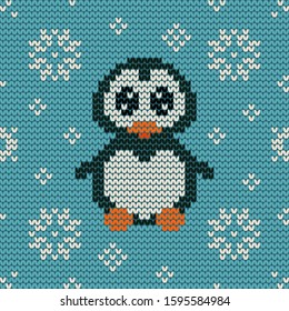 Jacquard knitted seamless pattern with cute penguin and snowflakes. Winter background with nature and animals. Scandinavian style. Vector illustration.