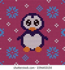 Jacquard knitted seamless pattern with cute penguin and snowflakes. Winter background with nature and animals. Scandinavian style. Vector illustration.