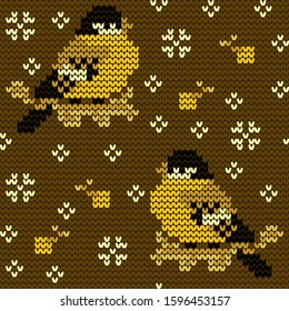 Jacquard knitted seamless pattern with cute bullfinchies, rowanberries and snowflakes. Winter background with nature and birds. Scandinavian style. Vector illustration.