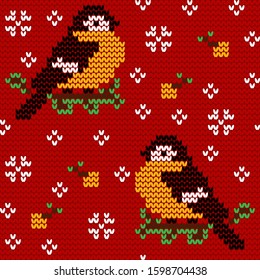 Jacquard knitted seamless pattern with cute bullfinchies, rowanberries and snowflakes. Winter background with nature and birds. Scandinavian style. Vector illustration.