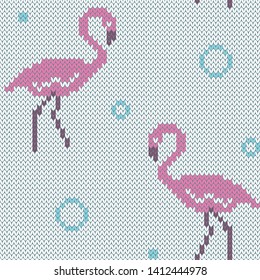 Jacquard knitted seamless pattern. Flamingo and bubble. Baby background for socks design. Vector illustration.