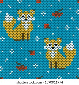 Jacquard knitted seamless pattern with foxes and rowanberries. Winter background with nature and animals. Scandinavian style. Vector illustration.