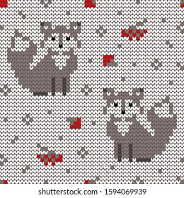 Jacquard knitted seamless pattern with foxes and rowanberries. Winter background with nature and animals. Scandinavian style. Vector illustration.