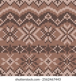 Jacquard  knitted seamless pattern. Mocha Mousse color 2025. Winter background for ugly sweater or any knit wear design, fair isle style. Vector illustration