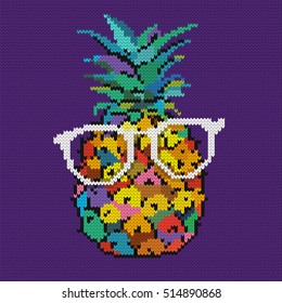 Jacquard knitting. Image of a pineapple in glasses. Vector illustration.