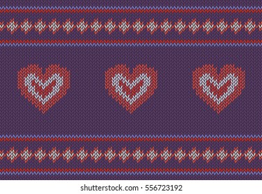 Jacquard pattern with red hearts on purple background.