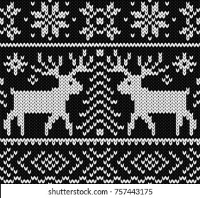 Jacquard seamless pattern with reindeer. Black and white knitted background. Northern winter style. Vector illustration.