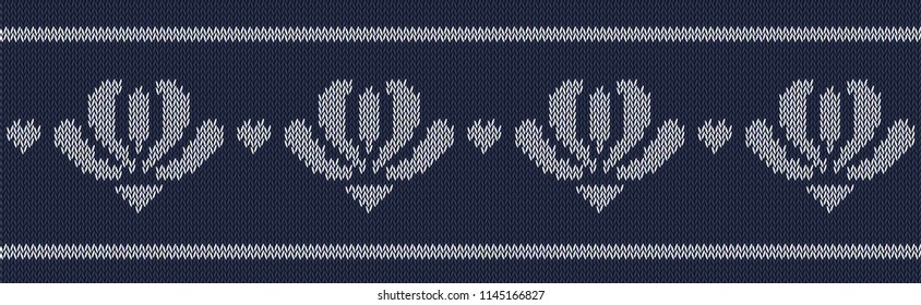 Jacquard wool knitted pattern with white flowers on blue background. Seamless vector on theme of Valentine's Day, Merry Christmas. Suitable for congratulations, romantic mood, wallpaper. Horizontal.