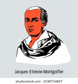 Jacques-Etienne Montgolfier ist der jüngere von zwei Brüdern, der Erfinder des Heißluftballons. Er beteiligte sich an allen Geschäften seines Bruders Joseph-Michel. Handgezeichnete Vektorgrafik