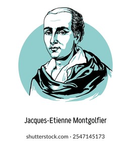 Jacques-Etienne Montgolfier es el más joven de los dos hermanos Montgolfier, el inventor del globo aerostático. Arquitecto, participó en todos los inventos del hermano mayor. Ilustración vectorial