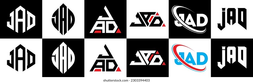 JAD letter logo design in six style. JAD polygon, circle, triangle, hexagon, flat and simple style with black and white color variation letter logo set in one artboard. JAD minimalist and classic logo