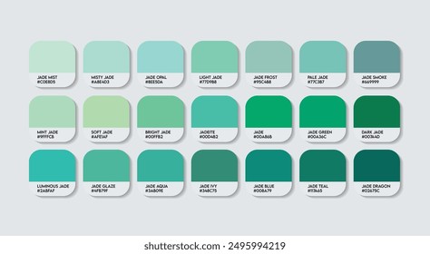 Paleta de color de jade, paleta de guía de color de jade con nombres de color. Catálogo Muestras de Verde con códigos RGB HEX y Nombres. Vector de paleta de Colores verdes, moda Trend Jade Verde Color tonos Vector