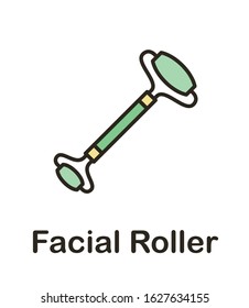 Jade Facial Roller. Facial Massage. Gua Sha. Vector Line Icon.	