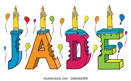 Jade female first name bitten colorful 3d lettering birthday cake with candles and balloons.