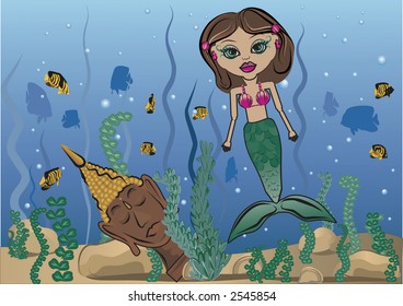 Jade is a fun character illustration of an Asian Mermaid at Sea surrounded by fish and ruins.