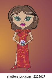 Jade is a fun character illustration of a Traditional Chinese Bride she has distinctive and beautiful large green eyes.