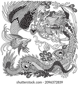 Jade Green Dragon and Gold Phoenix Feng Huang playing a pearl. Two celestial mythological creatures. Black and white vector illustration inspired by a Chinese Folklore Legend or Myth, Tale