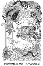 Jade Green Dragon and Gold Phoenix Feng Huang playing a pearl. Two celestial mythological creatures. Black and white vector illustration inspired by a Chinese Folklore Legend or Myth, Tale