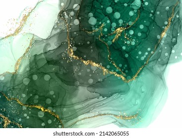 Jade green hand painted alcohol ink background with gold glitter elements 