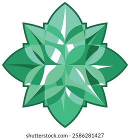 Jade green mandala, chakra symbol. Mysterious four-leaf flower. Shiny precious flower bud with petals pattern, top view, decorative element. Geometry chevron emerald ornament. Vector