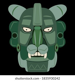 Jade mask of Zapotec Indians from Monte Alban. Pre Columbian Native American art. Head of fantastic character. Jaguar man.