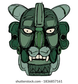 Jade mask of Zapotec Indians from Monte Alban. Pre Columbian Native American art. Head of fantastic character. Jaguar man. Hand drawn rough sketch.