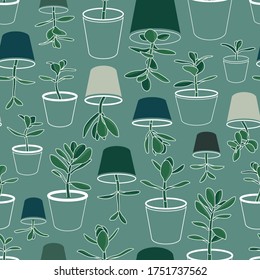 Jade Plants in Pots Colorful Vector Seamless Pattern. Money Plant Design