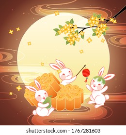 Jade rabbits enjoying delicious mooncakes and full moon on fall color background