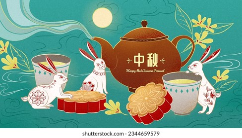 Jade rabbits with red line floral pattern celebrating Mid Autumn festival. Moon viewing with mooncake and tea on teal background. Chinese Translation: Mid Autumn.