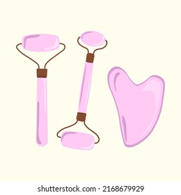 Jade roller for gua sha face massage. Roller made of natural pink quartz stone. Vector illustration of personal care and facial massage