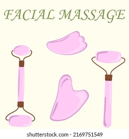 Jade roller for gua sha face massage. Roller made of natural pink quartz stone. Vector illustration of personal care and facial massage