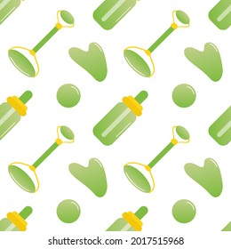 Jade stone gua sha roller, beauty tools and bottle of oil vector seamless pattern background for massage treatment and beauty design.
