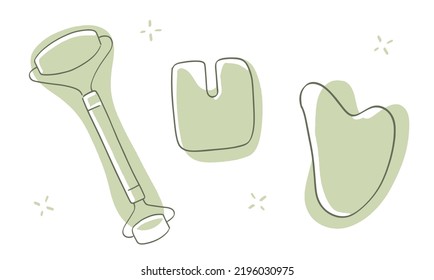 Iconos de doodle dibujados a mano con rodillos de piedra Jade, juego de croquis de gua sha, productos de cuidado de la piel línea símbolos de arte, tratamiento facial, signos vectoriales de spa, ilustración verde aislada en el fondo