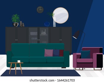 Jade-colored sofa in the living room against an indigo wall background.