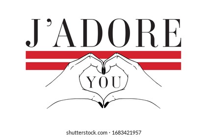 J'adore You slogan print design with hand heart shape and two stripes