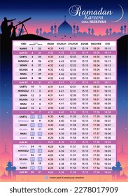 Jadwal Imsakiyah Islamic calendar Ramadan schedule 2023 Hijr silhouette mosques moslem people hilal new moon telescope dusk gradient background organizer prayer template mockup printout sidang isbat