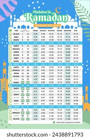 Jadwal Imsakiyah Islamic calendar Ramadan schedule 2024 1445 Hijr silhouette flat style design blue pastel color floral ornament modern simple background moslem prayer mockup printout sidang isbat