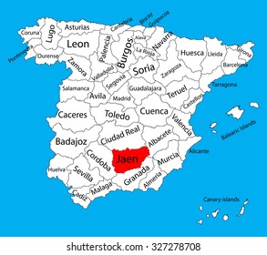 Jaen map silhouette vector. Spain province. Spain with separated regions isolated on background. Spain autonomy areas map. Editable vector map of Spain.
