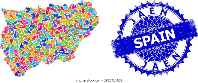 Jaen Spanish Province Karte Wohnung Illustration. Blot Collage Karte und unleane Stempel Siegel für Jaen Spanish Province . Sharp rosette blaue Stempelsiegel mit dem Tag für Jaen Spanish Province map.