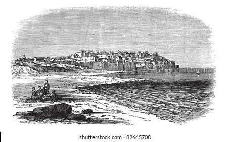 Jaffa in Israel, during the 1890s, vintage engraving. Old engraved illustration of Jaffa port.  Trousset encyclopedia (1886 - 1891).