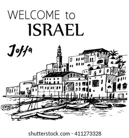 Jaffa old port - Israel. Old houses and small boats. Hand drawn ink pen.