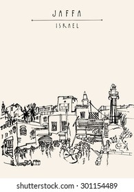 Jaffa (Yafo), near Tel Aviv, Israel. Grungy brush drawing with lighthouse, houses and trees. Vector illustration. Postcard template with "Jaffa Israel" hand lettered title