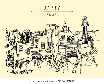 Jaffa (Yafo) skyline, Tel Aviv, Israel. Vector illustration. Black ink brush drawing. lighthouse, houses and trees. Touristic postcard, poster or coloring book page, Jaffa Israel hand lettered title